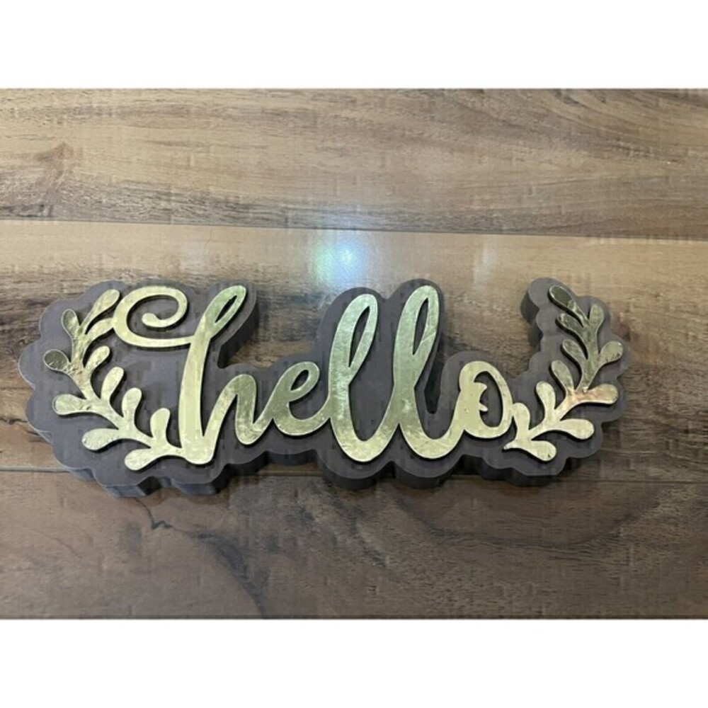 HELLO Gold 9.5"W X 3.5"T Wooden Plaque Wall, Freestanding Home , Office,  Decor